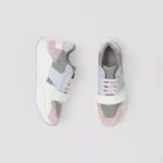 Leather, Suede and Check Nylon Sneakers Pale Grey