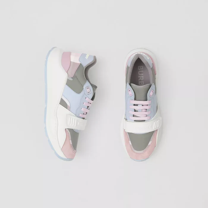 Leather, Suede and Check Nylon Sneakers Pale Grey