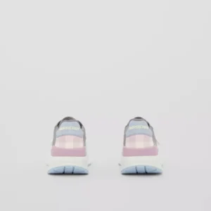 Leather, Suede and Check Nylon Sneakers Pale Grey