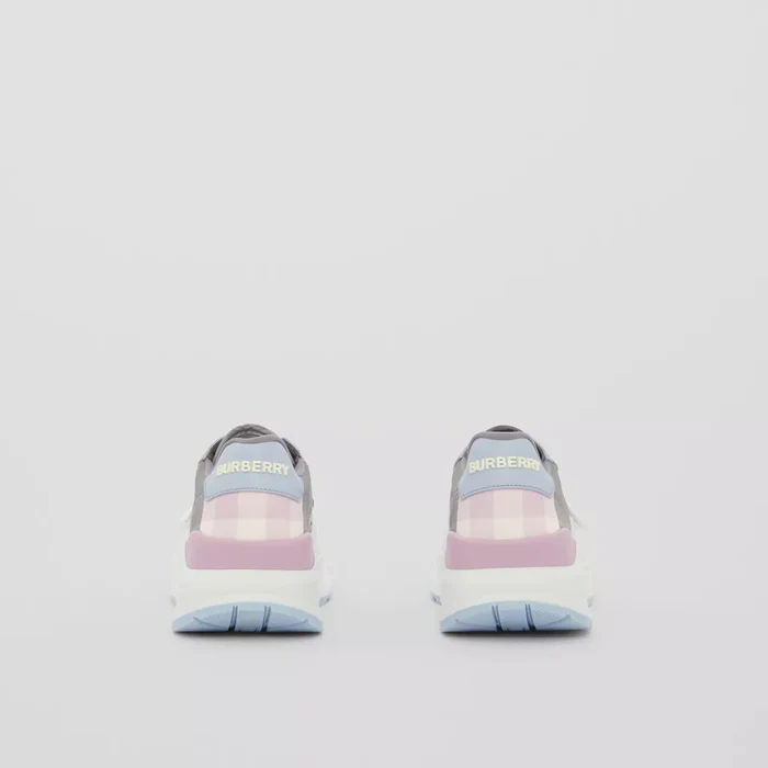 Leather, Suede and Check Nylon Sneakers Pale Grey