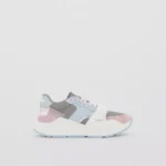 Leather, Suede and Check Nylon Sneakers Pale Grey